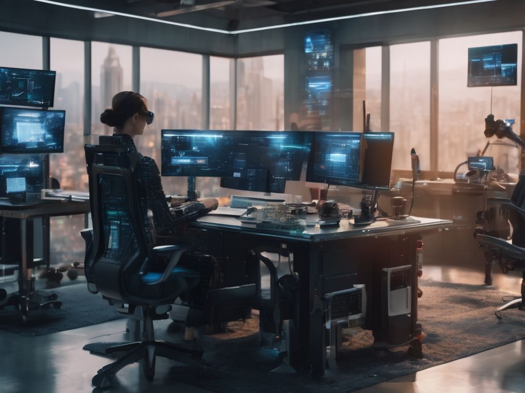 Human working with VR and artificial intelligence in a futurist office in a skyscraper.